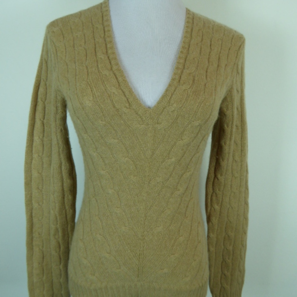 Ralph Lauren Black label 100% Cashmere camel cable v neck sweater M - Picture 2 of 5